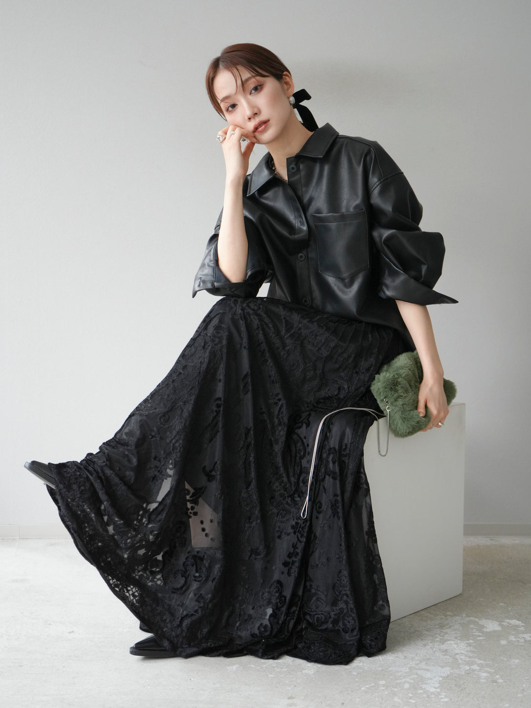 [予約]フェイクレザーシャツ/ブラック