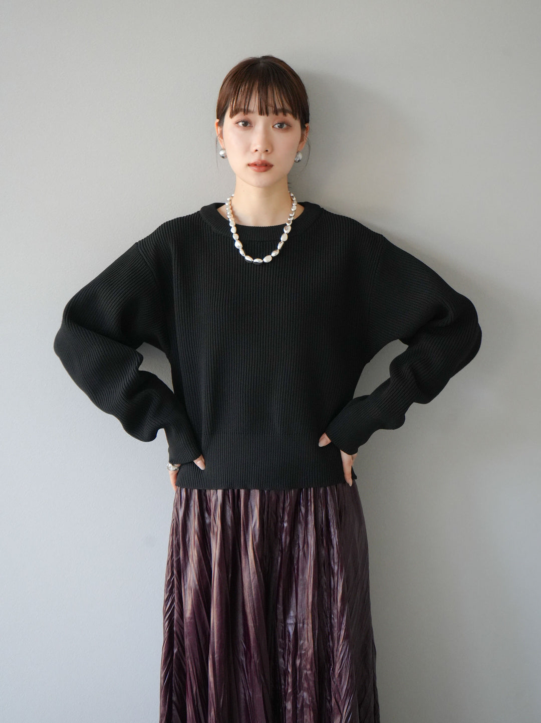 [予約]あぜ編みポリエステルニットプルオーバー/ブラック