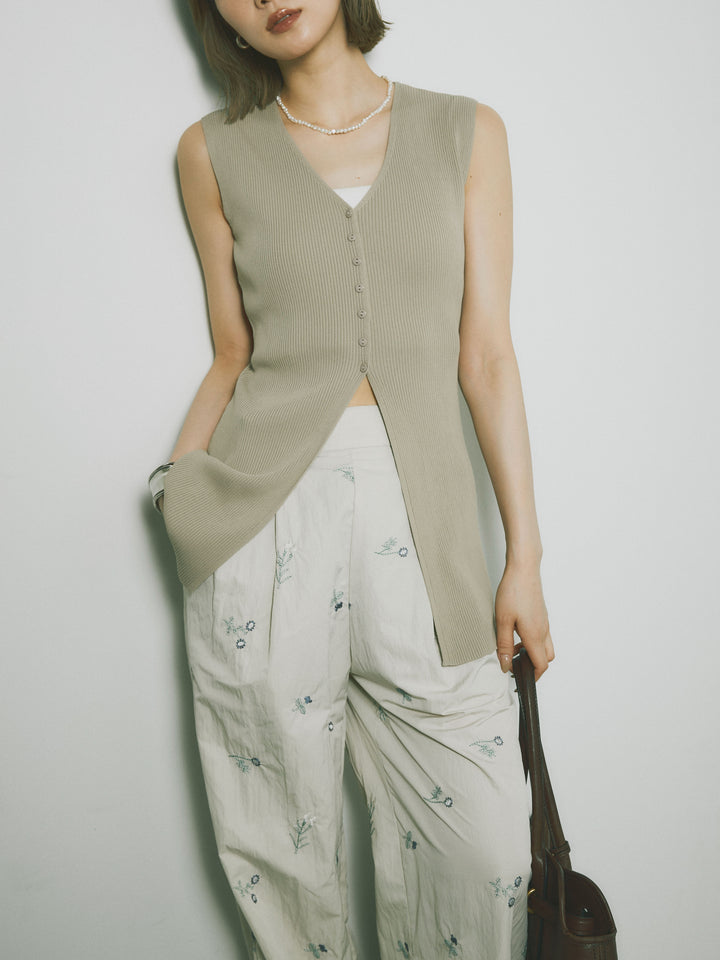 [予約]フロントスリットリブシェイプニットトップス/ベージュ