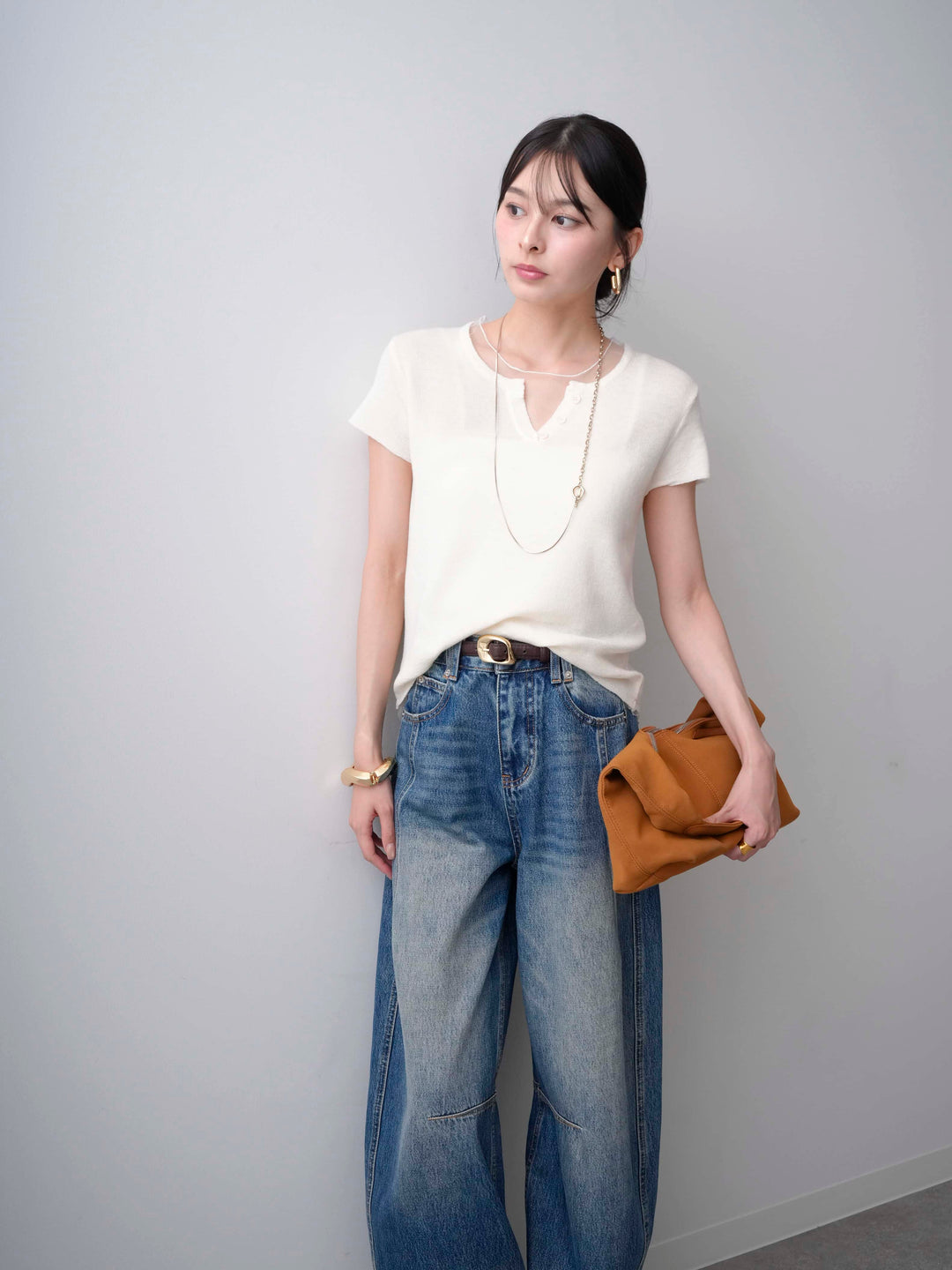 [SET]チュールレーヤードヘンリーフレンチニットトップス+立体カーブデニムパンツ(2set)
