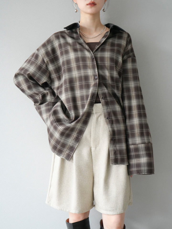 [SET]レザー襟オンブレチェックオーバーシャツ +ツイードハーフパンツ(2set)