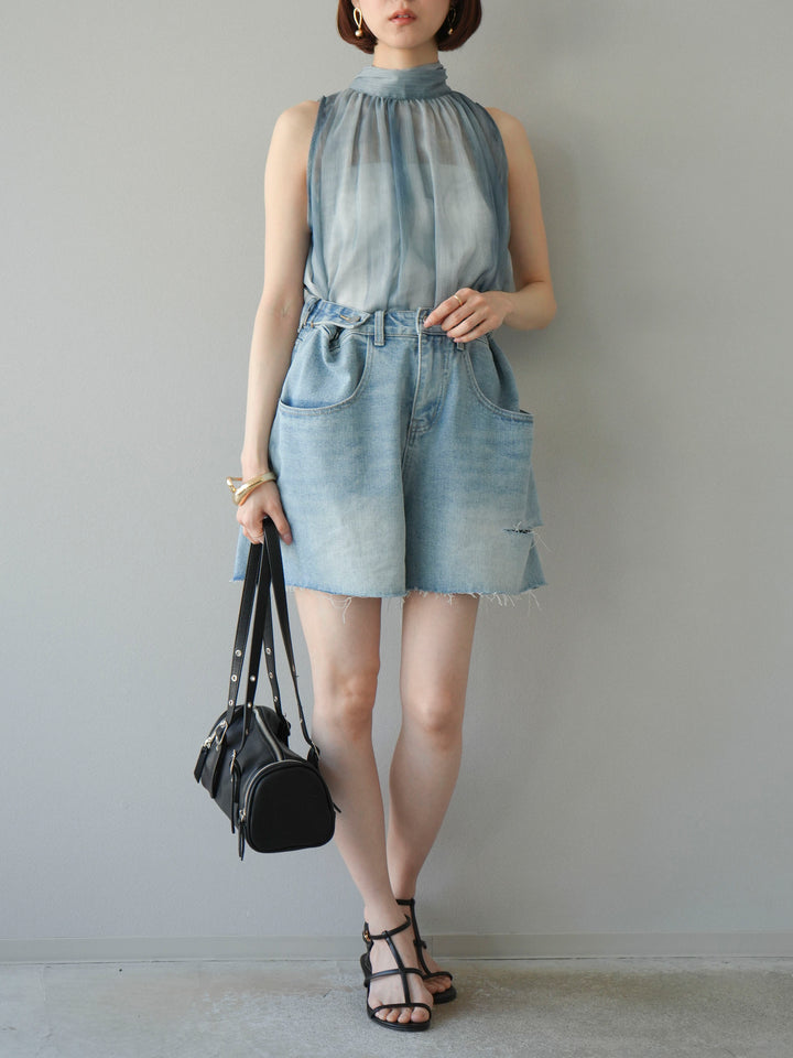 [予約]ニュアンスシアーホルターネックブラウス/グリーン