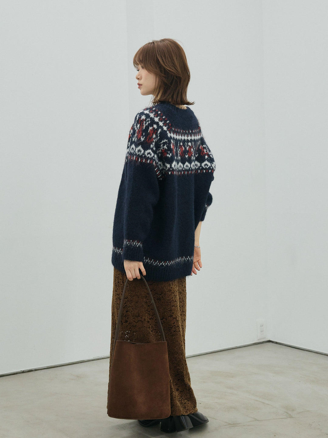 【Allure】[SET]ノルディック柄モックネックオーバニットプルオーバー+起毛レースストレッチナロースカート(2set)