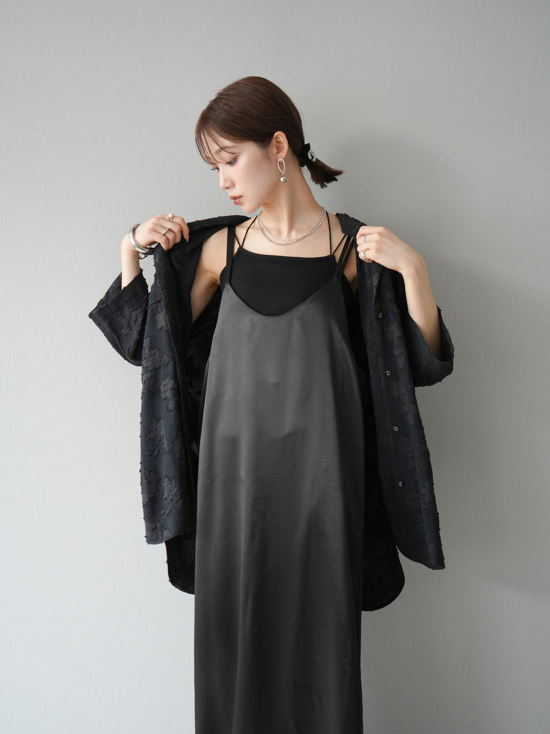 [予約]ジャガードハーフスリーブシャツ/ブラック