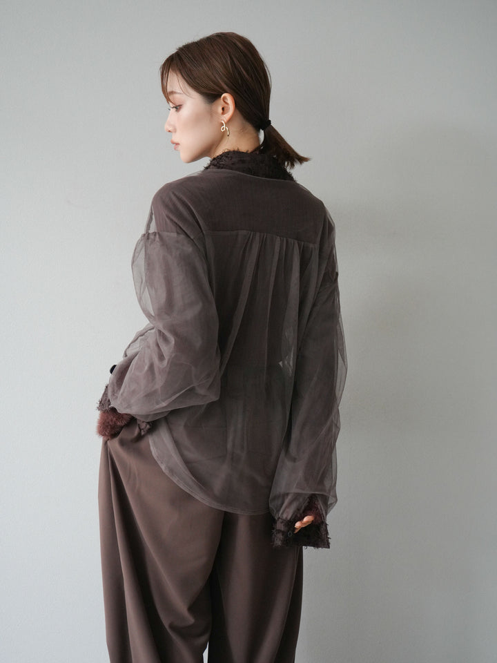 [SET]フリンジジャガード×チュールレイヤードシャツ+アームシャギーランダムリブニットトップス+ベルト付タックワイドパンツ(3set)