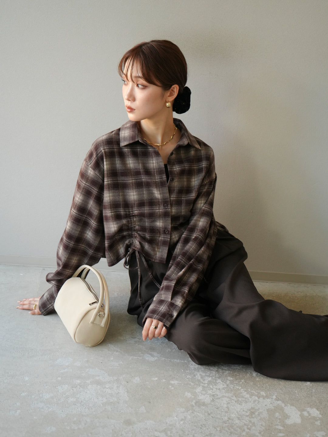 [予約]ドロストクロップネルチェックドシャツ/ブラウン