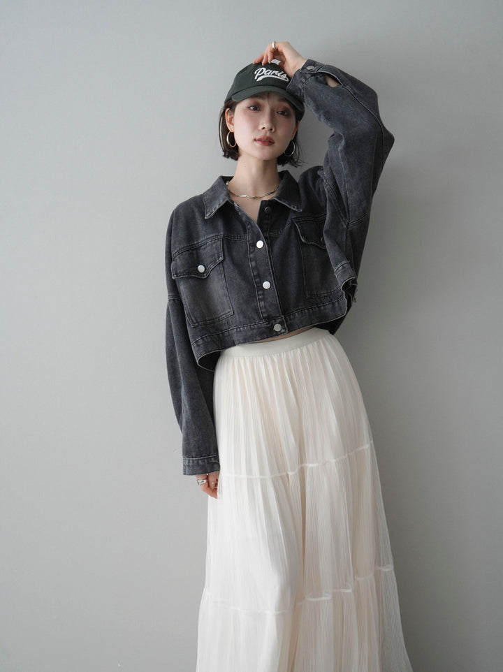 [SET]デニムショートシャツジャケット+ラメプリーツレイヤードチュールロングスカート(2set)