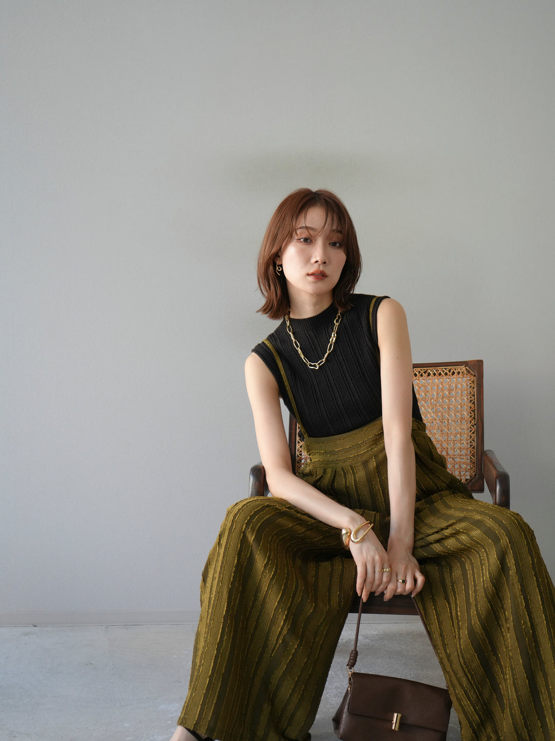 [予約]ジャガードストライプサロペット/カーキ