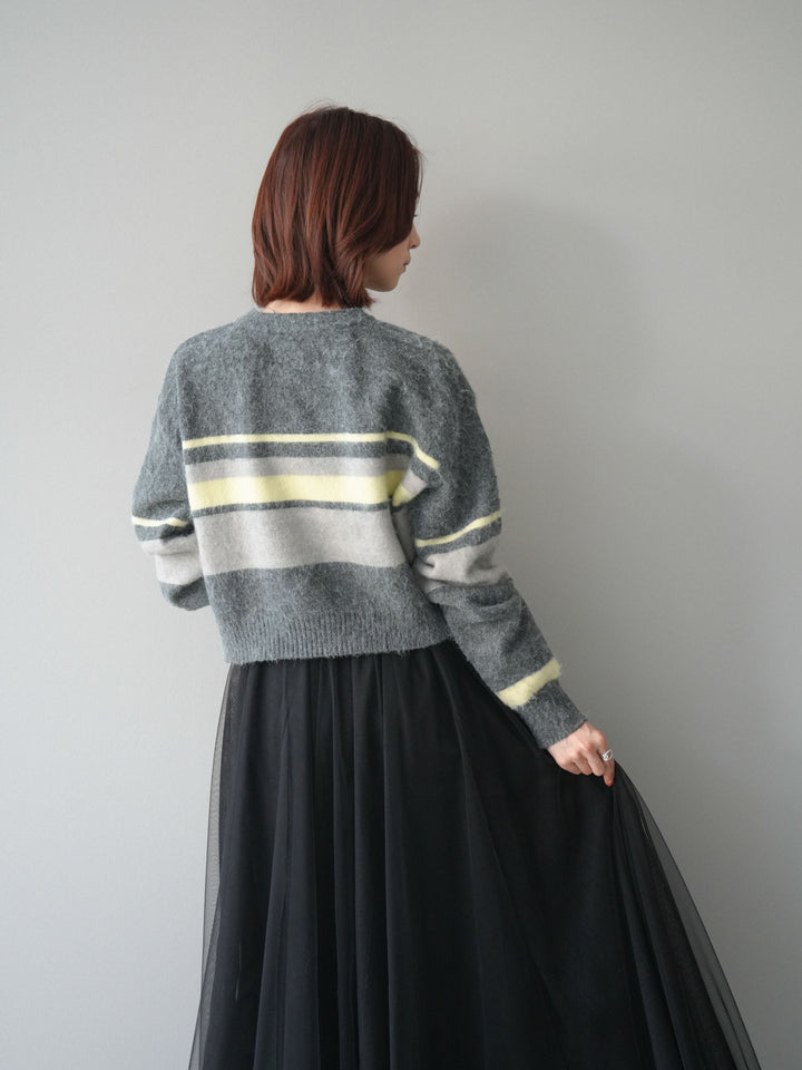 [SET]ソフトタッチボーダークロップドニットプルオーバー+チュールボリュームスカート(2set)