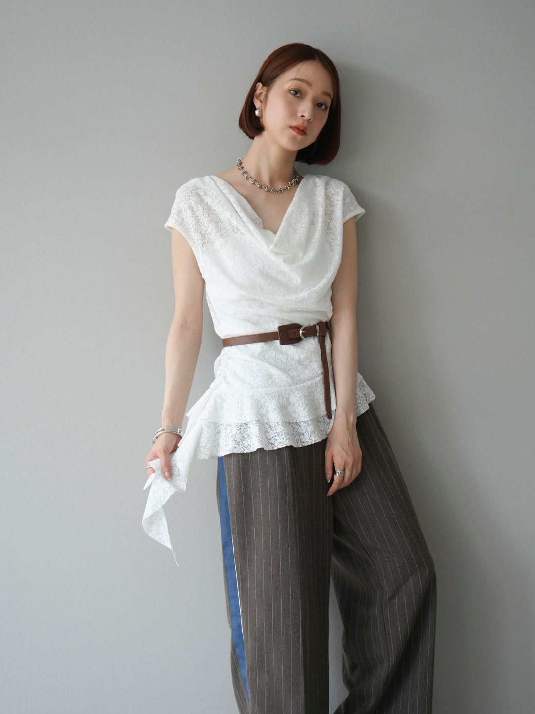 [予約]サイドラインストライプワイドパンツ/ブラウン