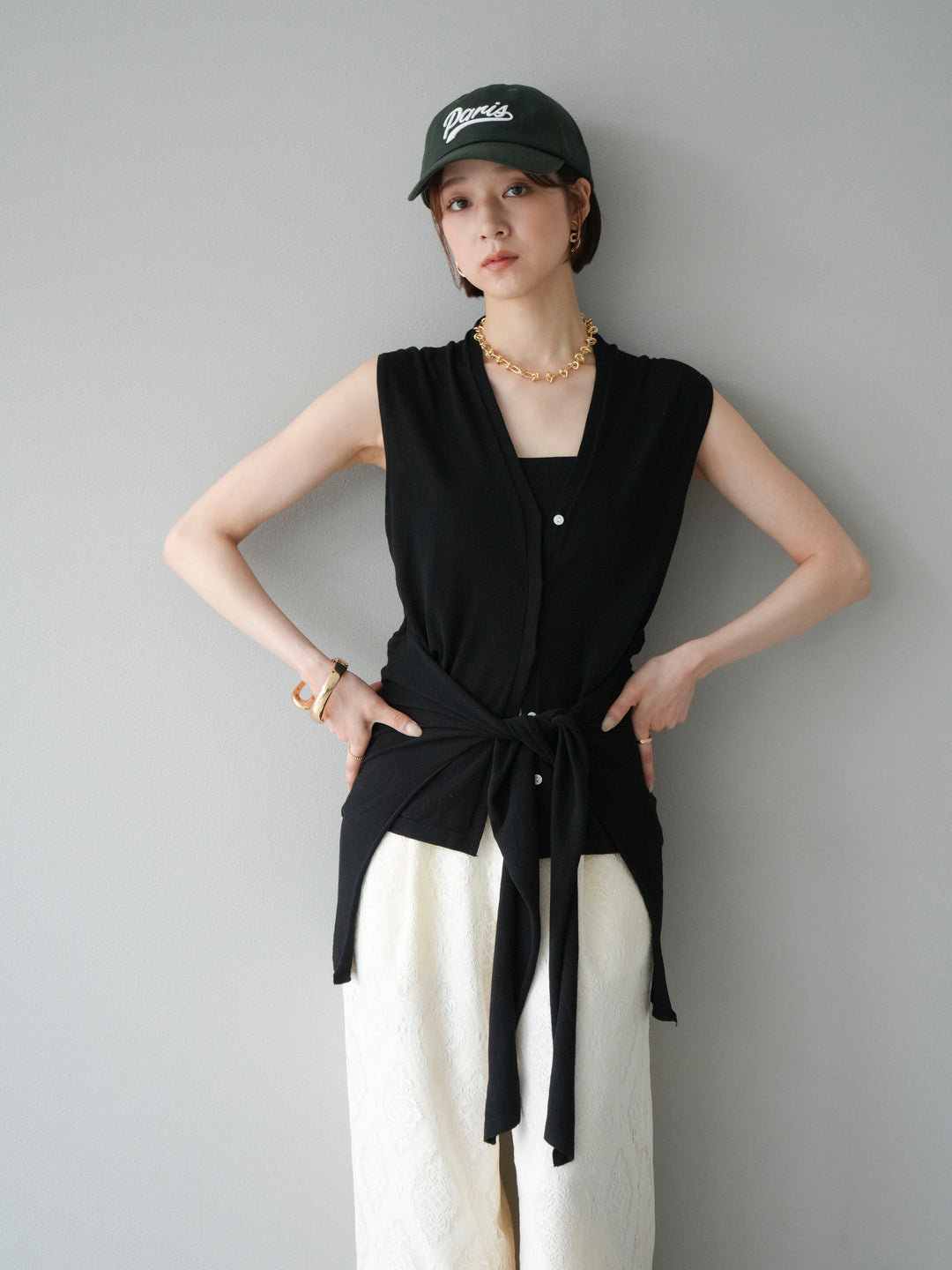 [SET]腰巻きデザインノースリーブニットカーディガン+レースタックイージーパンツ(2set)