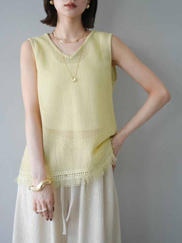 [予約]裾フリンジVネックニットタンクトップアンサンブル/イエロー