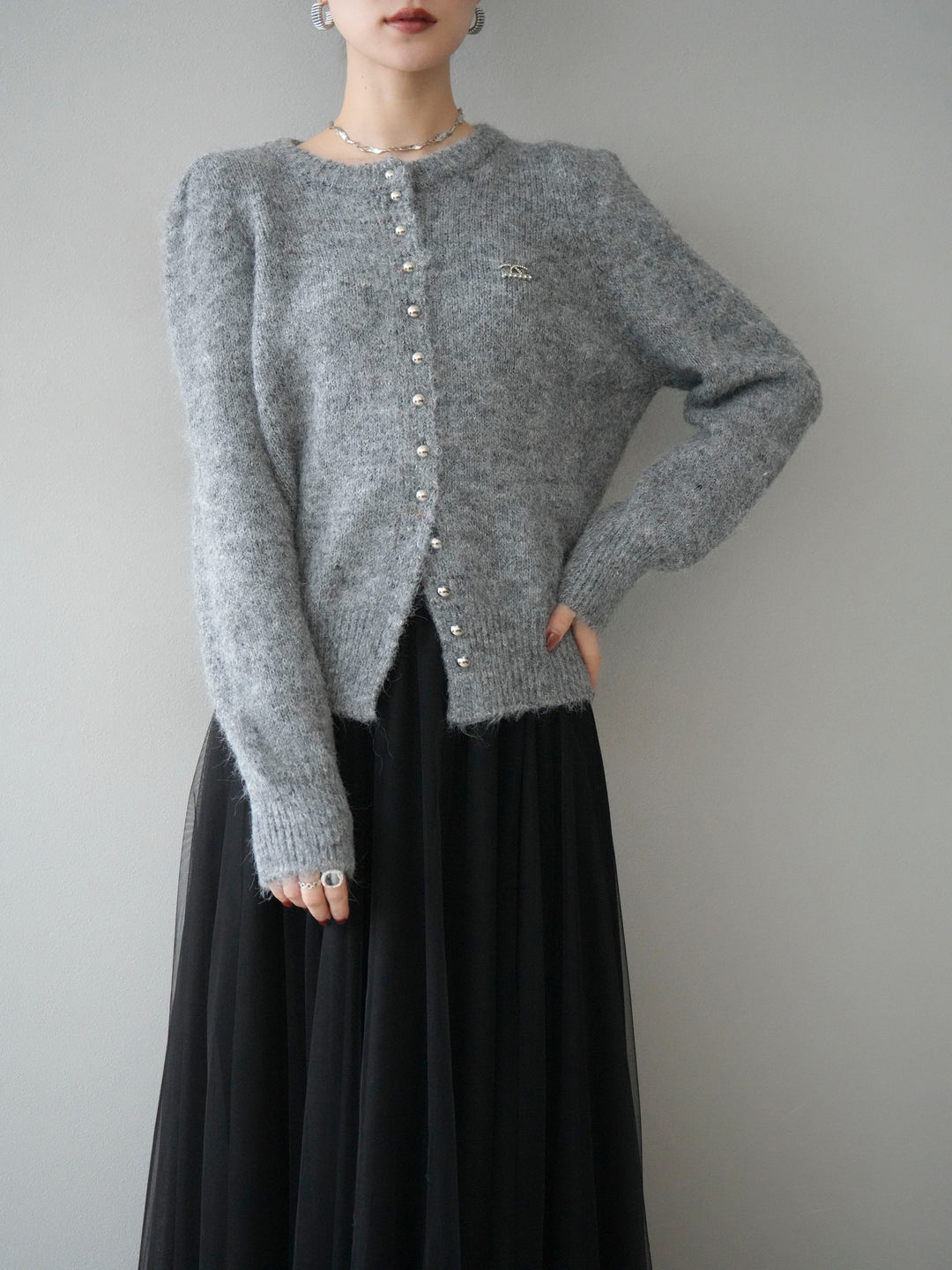 [SET]ブローチ付silverボタンミックスニットカーディガン+選べるアクセセット(2set)