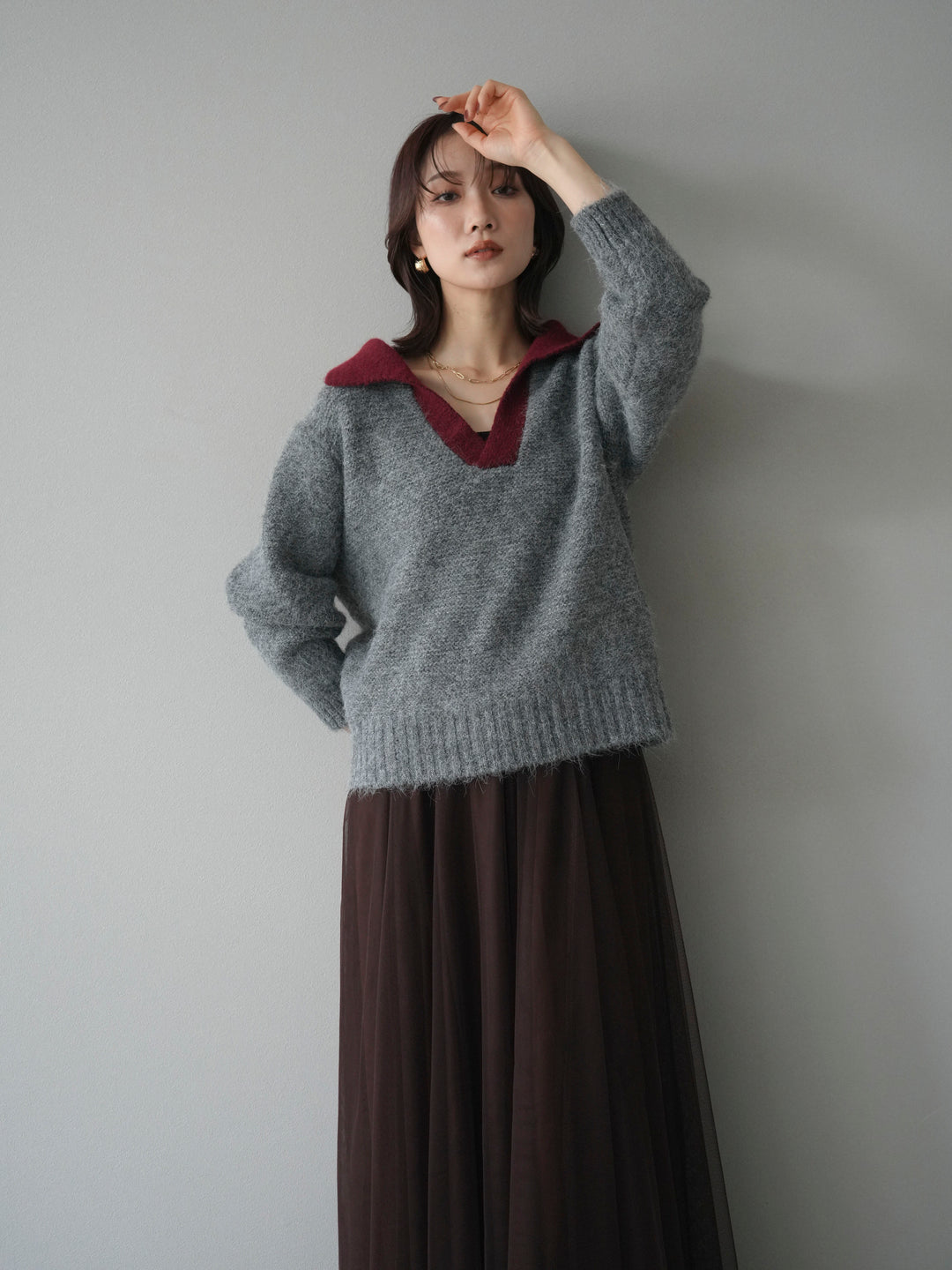 [予約]バイカラー襟付きニットプルオーバー/gray