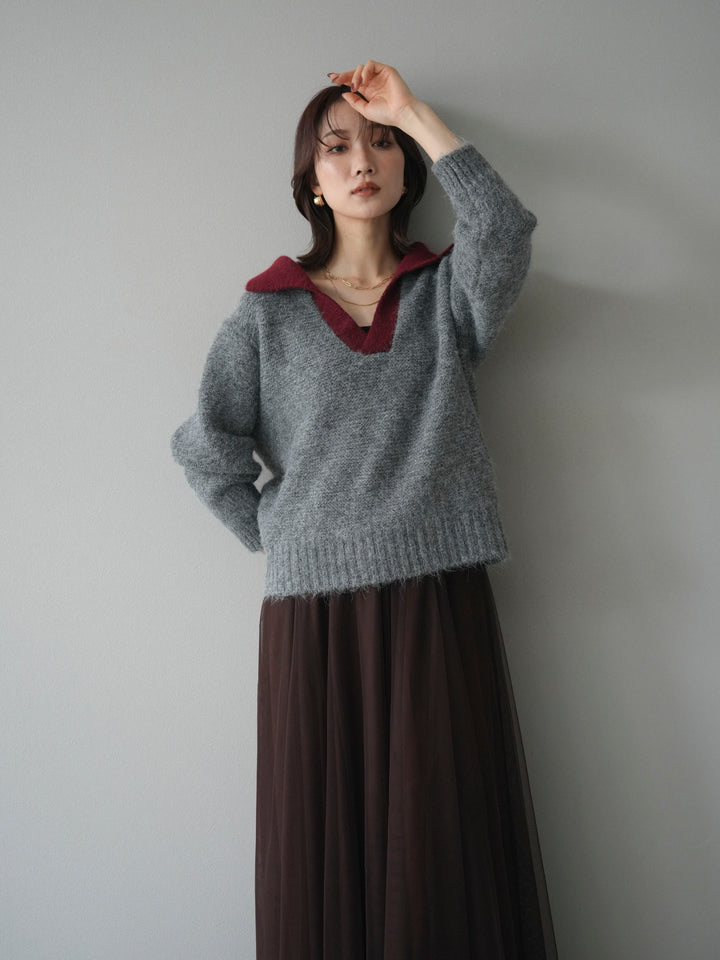 [予約]バイカラー襟付きニットプルオーバー/gray