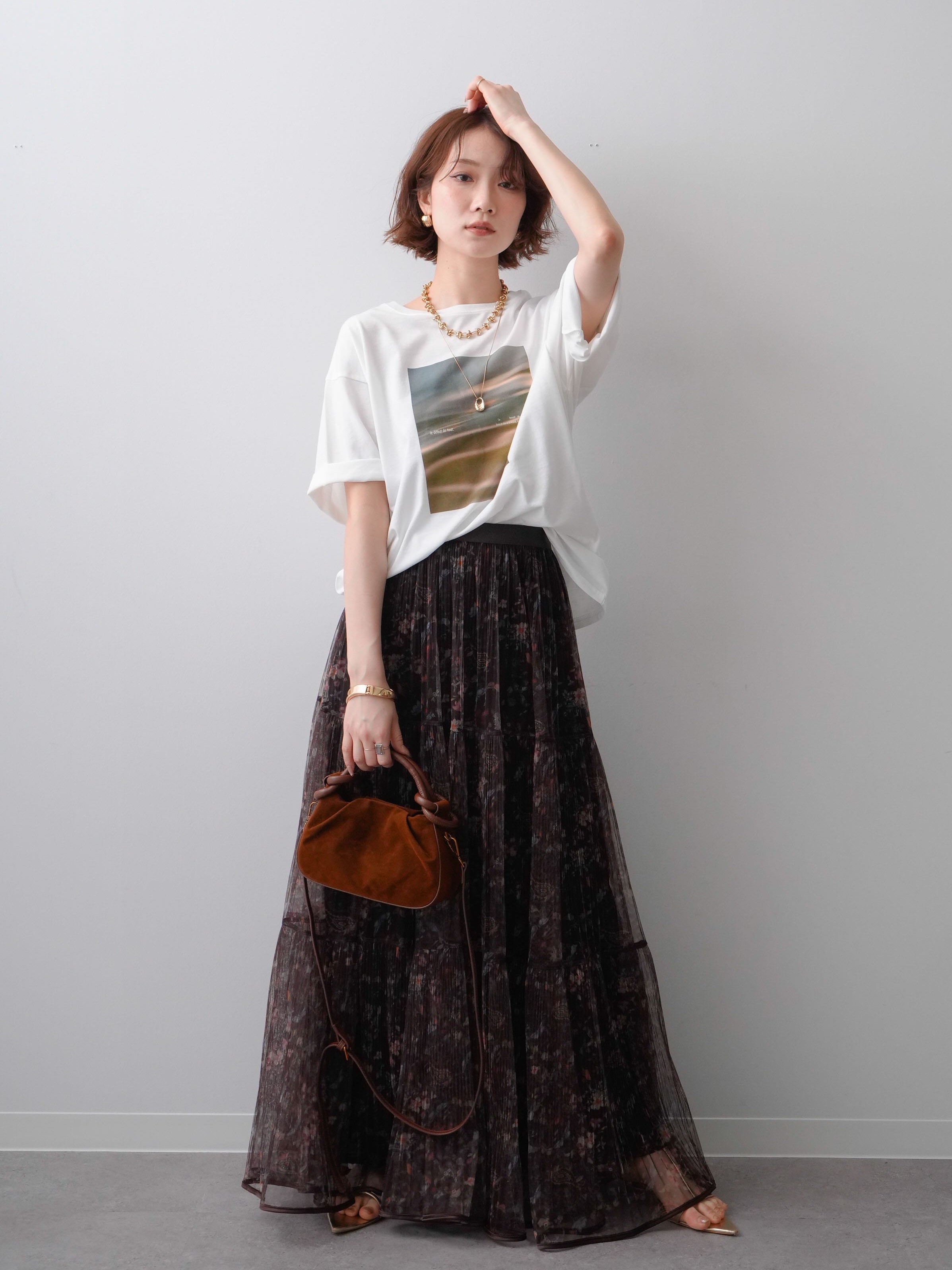 SET]ニュアンスフォトTEE+フラワーチュールギャザースカート(2set