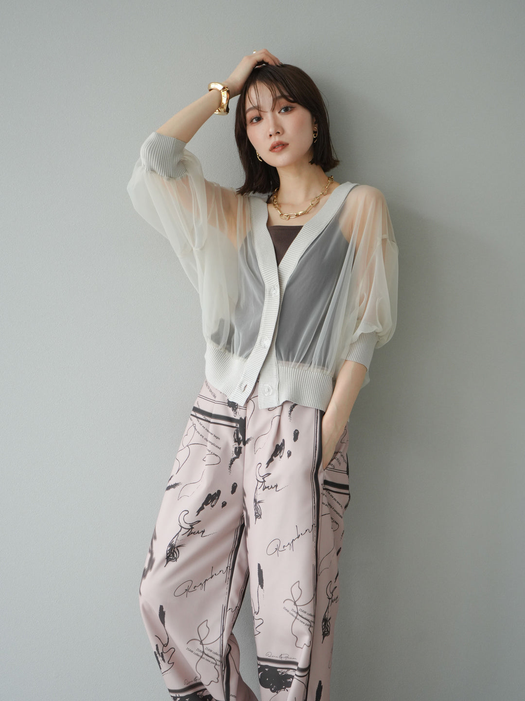 [SET] 透視半袖褶皺開襟衫 + 彩繪圖案褶襉褲 (2set)