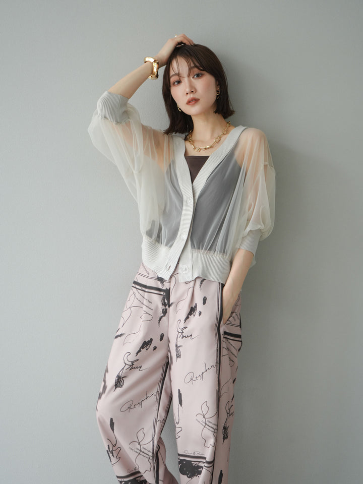 [SET] 透視半袖褶皺開襟衫 + 彩繪圖案褶襉褲 (2set)