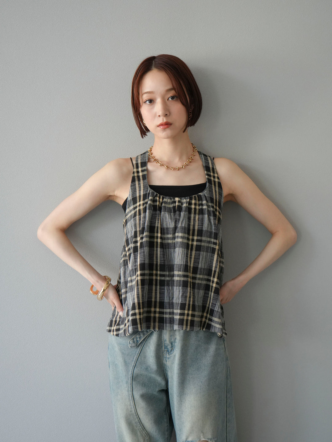 [予約]チェッククロスキャミプルオーバー/ブラック