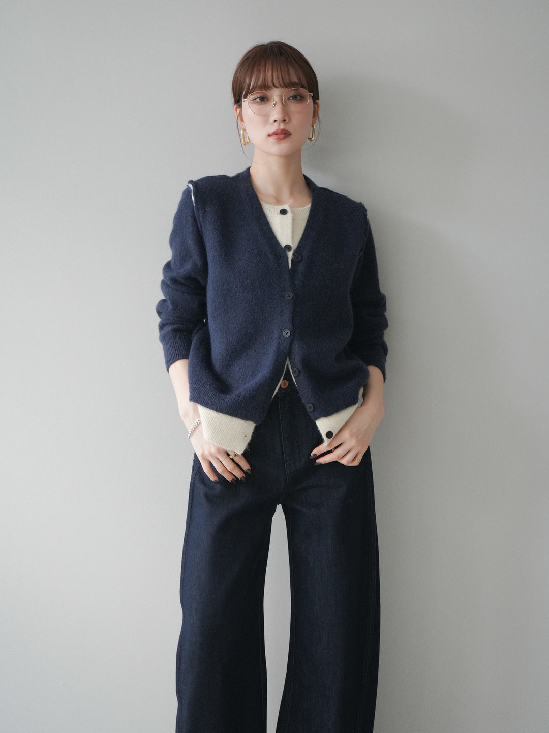 [SET]配色レイヤードニットカーディガン+選べるアクセセット(2set)