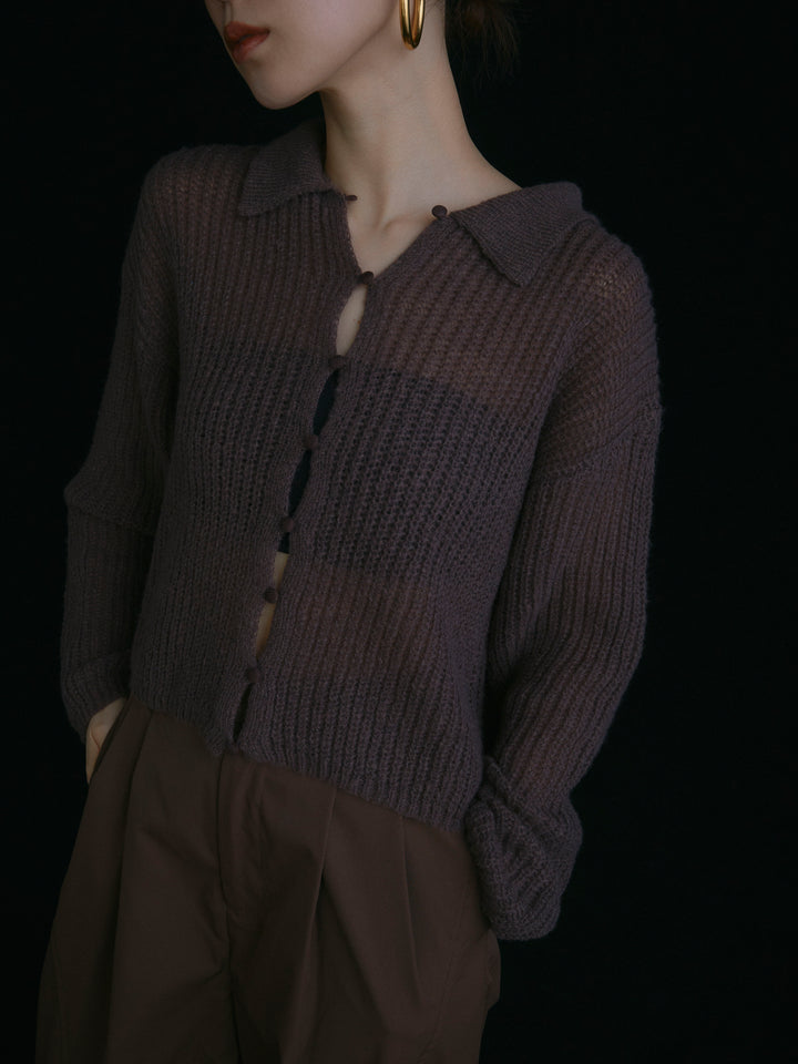 【Allure】[SET]起毛片畦編みシアーポロニット+タフタワイドカーブパンツ(2set)