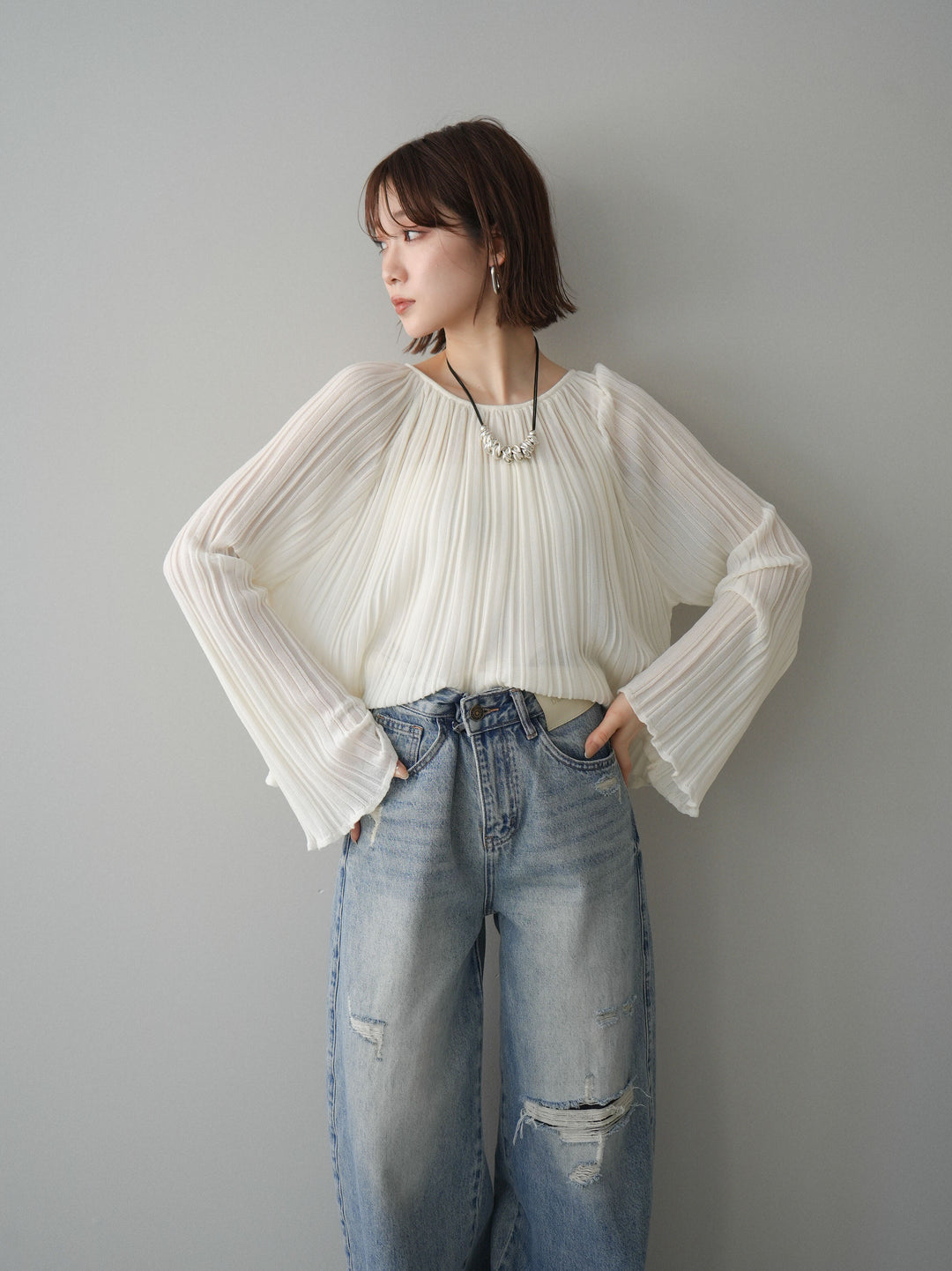 [SET]プリーツシアーフレアスリーブニットトップス+プリーツシアーフレアスリーブニットトップス(2set)