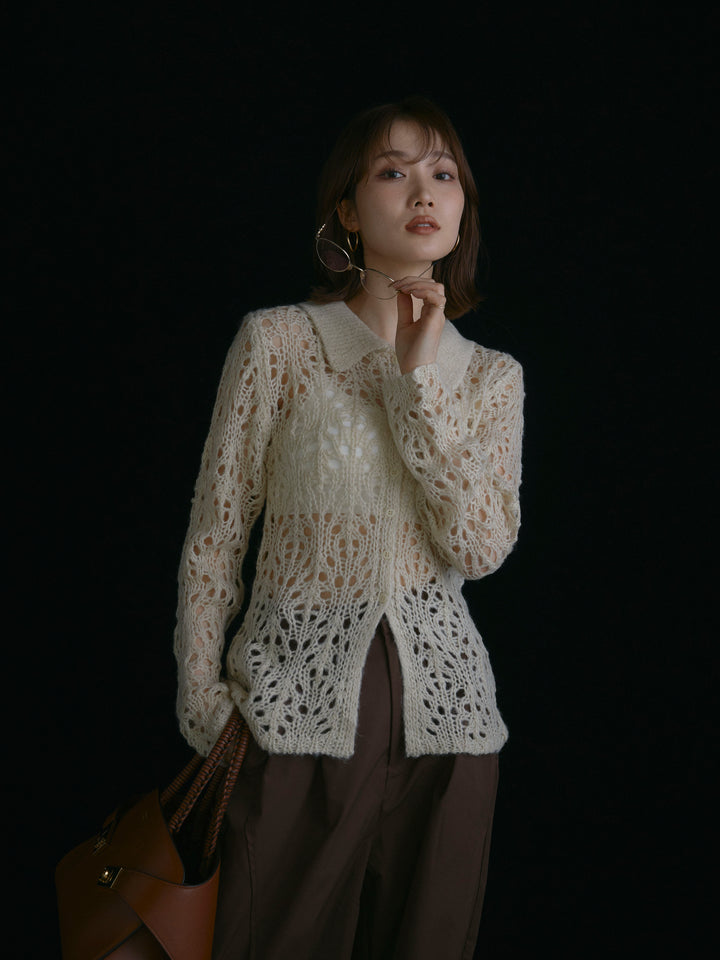 【Allure】[SET]ローゲージ透かし編みポロニッカーディガン+ローゲージ透かし編みポロニッカーディガン(2set)