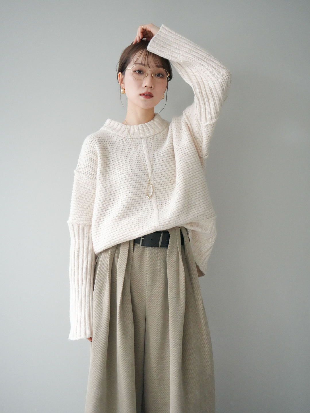 [SET]編み地切替ボトルネックニットプルオーバー+ベルトデザインループコールテンワイドパンツ(ベルト付き)(2set)