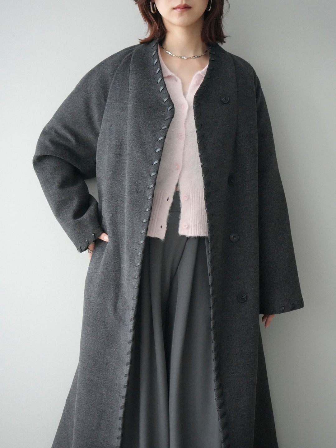 [SET]ハンドステッチ裏中綿ロングコート+テープベルトタックバギーパンツ(2set)