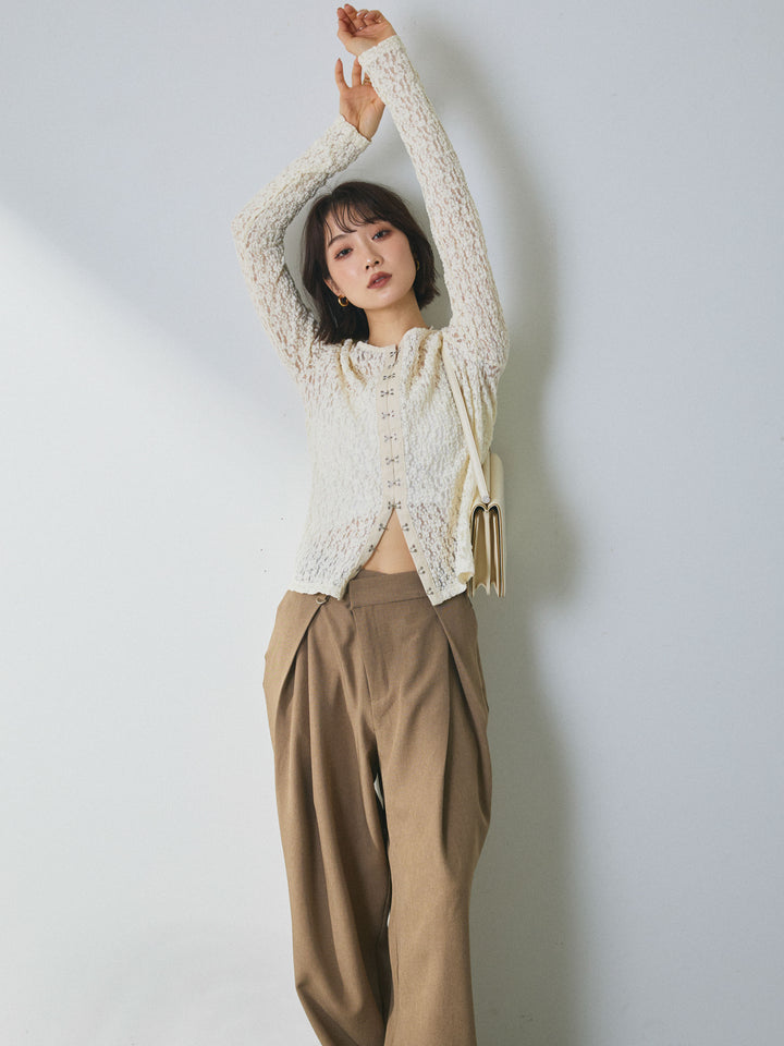 【Allure】[SET]ストレッチレースフロントホックトップス+アシンメトリーウエストタックパンツ(2set)