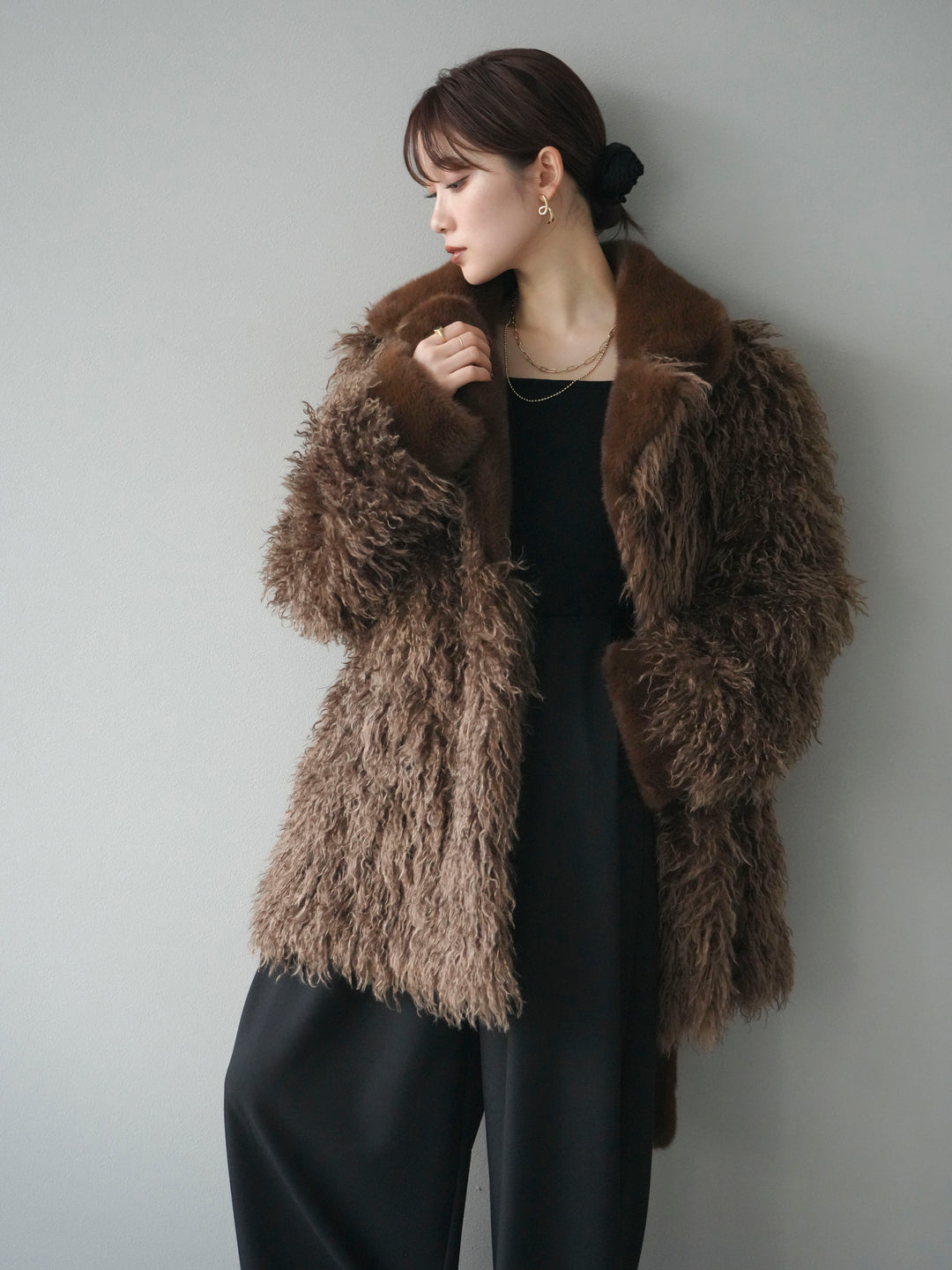 [予約]異素材ファー×ムートンコート/brown
