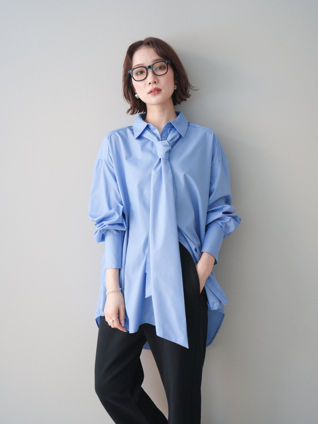 [予約]ボウタイ付オーバーシャツ/blue