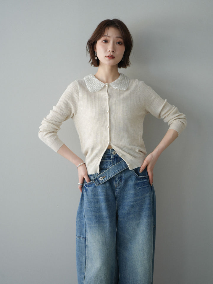 [予約]ビジュー襟パールボタンニットカーディガン/ivory