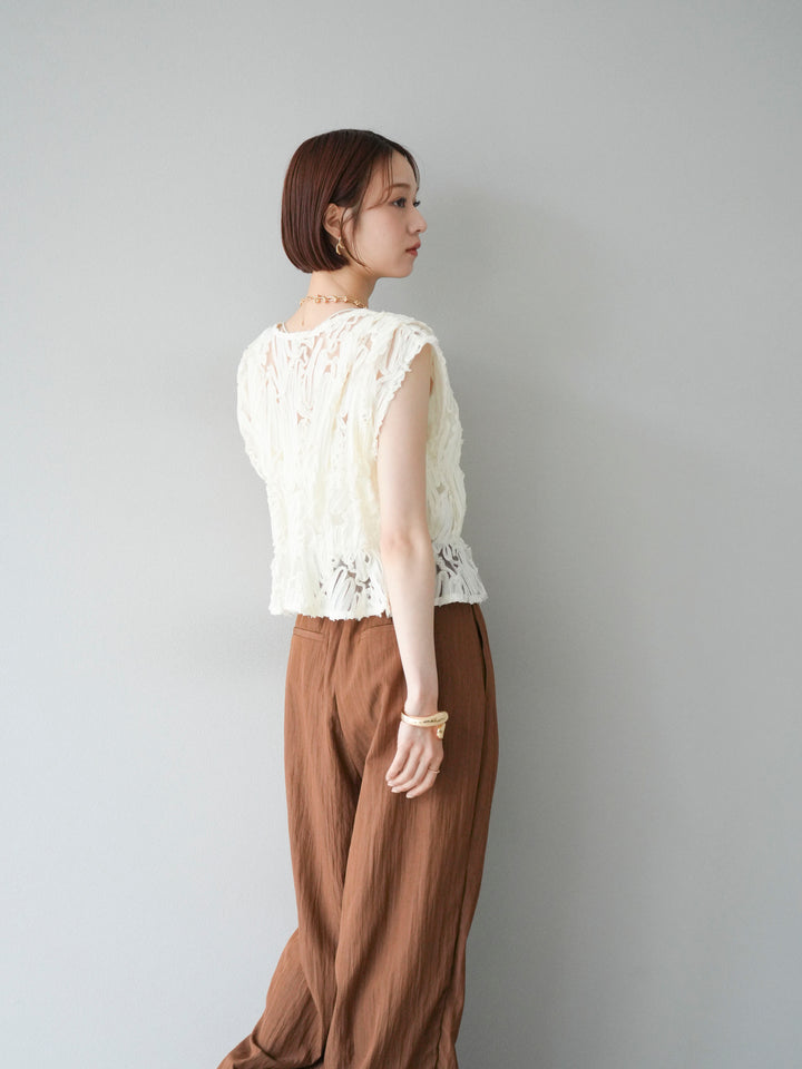 [SET] 提花蕾絲蝴蝶結上衣+麻質下擺迴力寬褲（2件套）