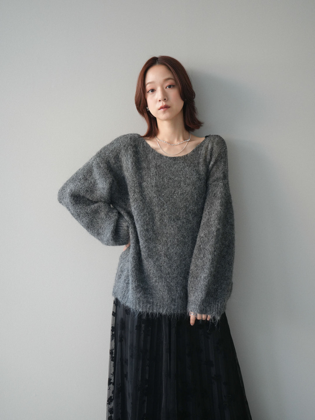 [SET]透かしデザインニットプルオーバー+フラワーフロッキーチュールプリーツスカート(2set)