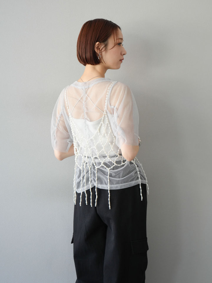 [SET]ラメチュールシャーリングプルオーバー+パールフリンジビスチェ(2set)