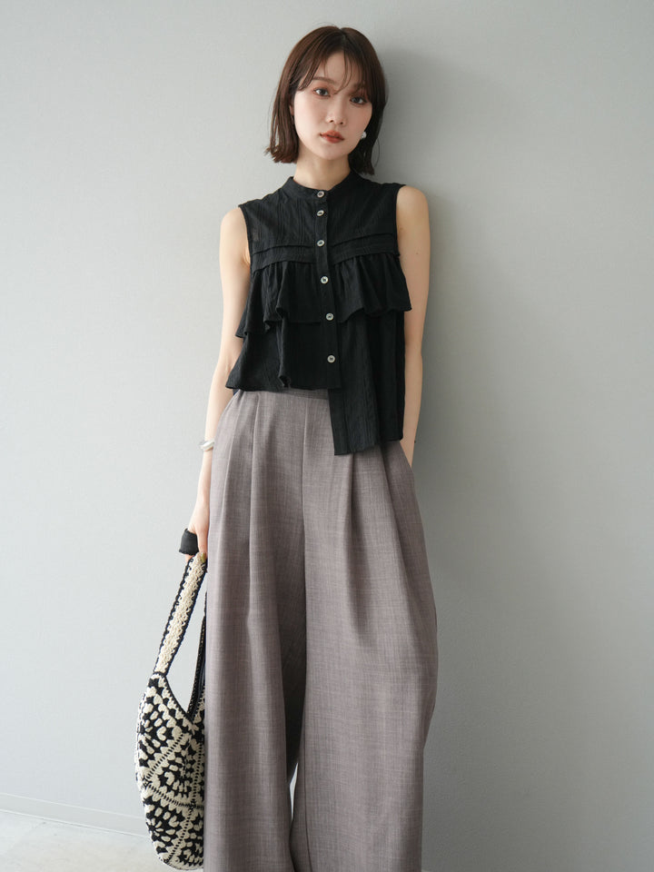 [予約]ドビーストライプアシンメトリーフリルノースリブラウス/ブラック