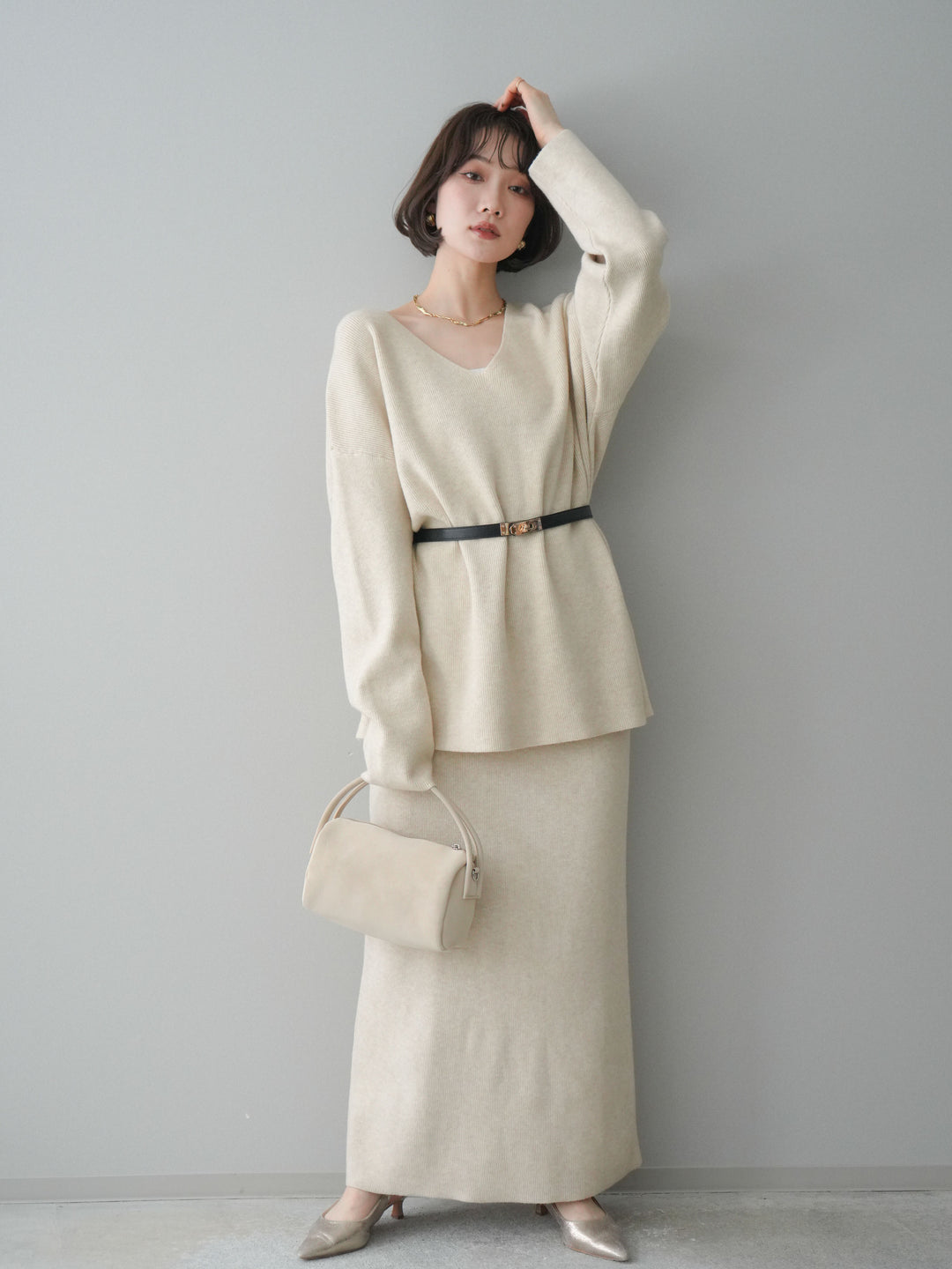[SET]ベルト付Vネックニット＆スカートSET UP+選べるアクセセット(2set)