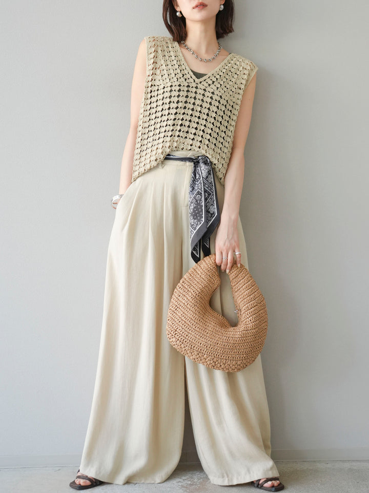 [予約]スカーフベルト付3タックワイドパンツ/ベージュ