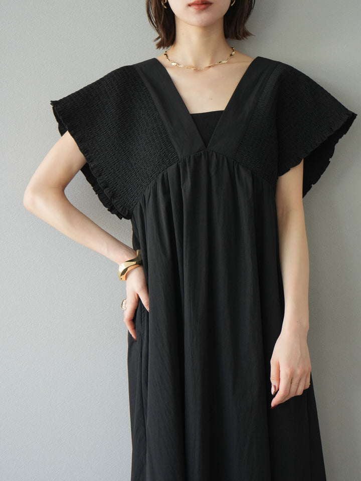 [SET] 褶皺V領連身裙 + 褶皺V領連身裙 (2件套)