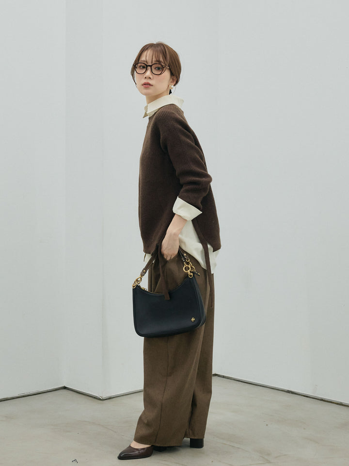 【Allure】[SET]サイドスリット畦編みニットプルオーバーシャツアンサンブル+モックスカルゼサイドタックコクーンパンツ(2set)