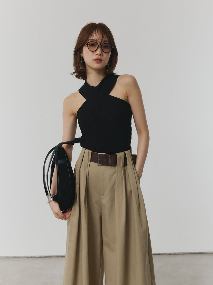 【Allure】[SET]クロスリブニットタンクトップ+ベルト付ダブルループワイドパンツ(2set)