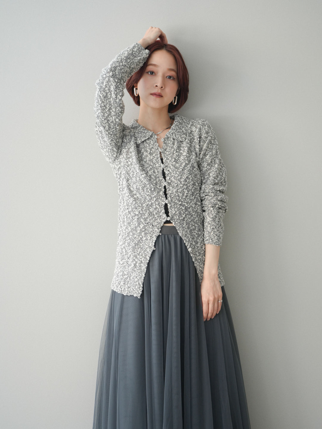 [予約]透かし編みブークレポロニットトップス/mix