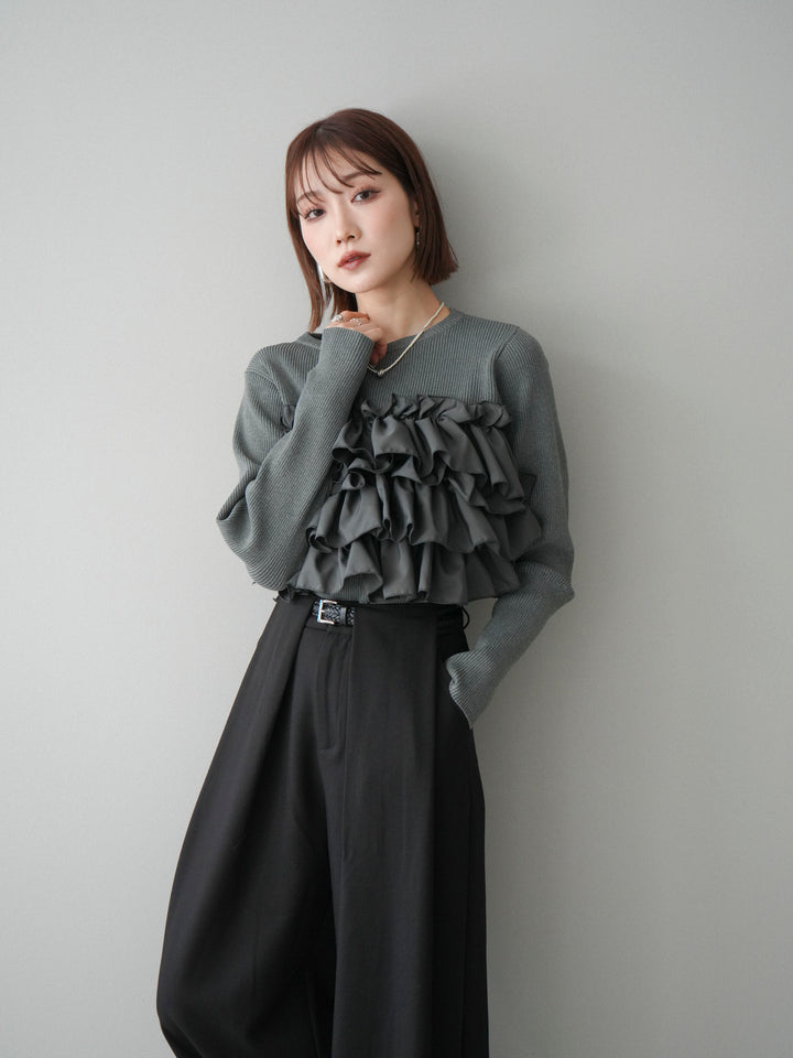 [予約]フリルビスチェドッキングスポンジニットプルオーバー/gray