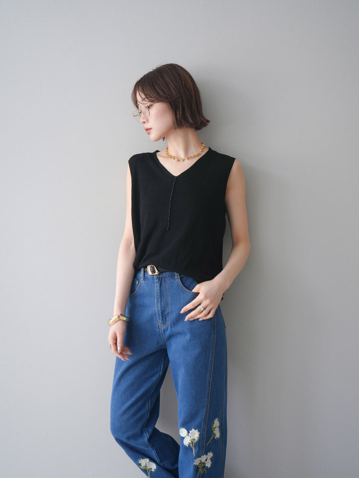 [SET]パールデザインVネックニットトップス+フラワー刺繍ストレートデニム(2set)