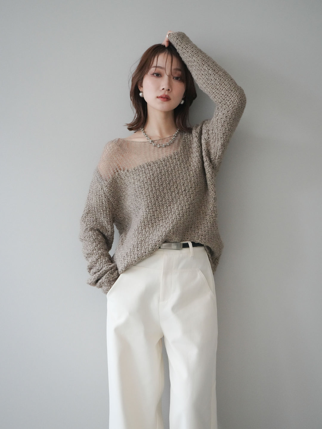 [予約]ダメージデザインニットプルオーバー/greige