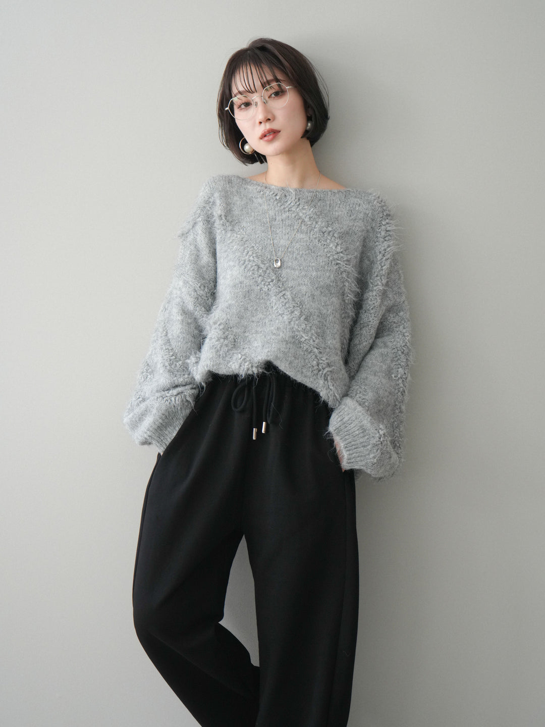 [SET]シャギーデザインニットプルオーバー+裾ZIPスエットワイドパンツ(2set)