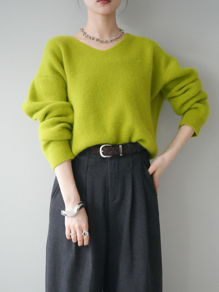 [予約]シュシュ付きアンゴラタッチVネックニットプルオーバー/green