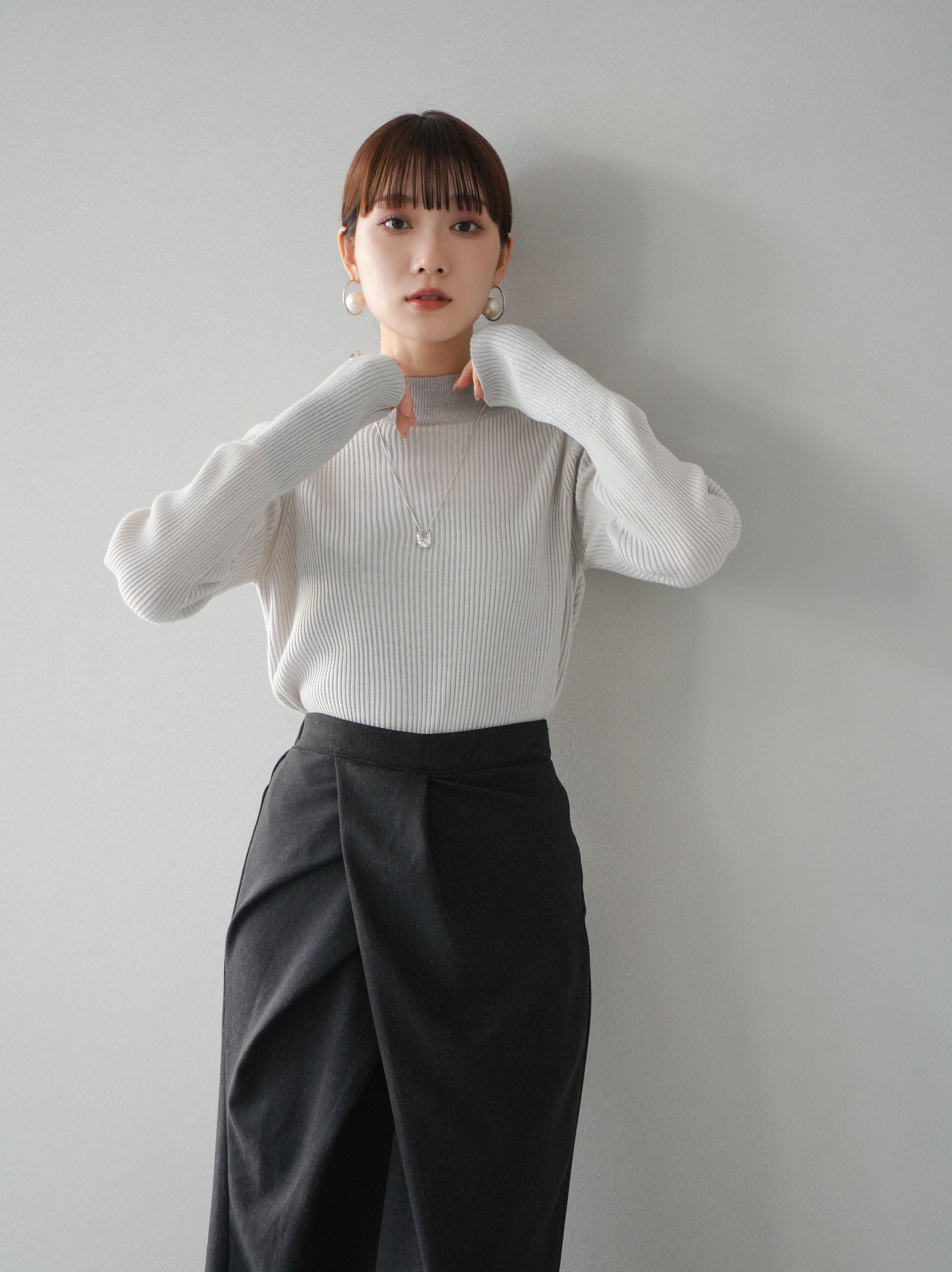 SET]ボトルネックラメ切替リブニットトップス+ボトルネックラメ切替