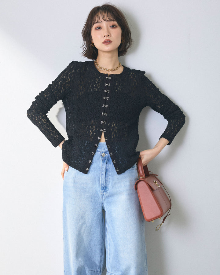 【Allure】[SET]ゴールドボタンニットカーディガン×レースブラウスSET
